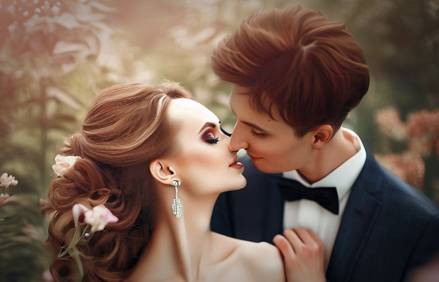 Wedding couple in nature with flowers
