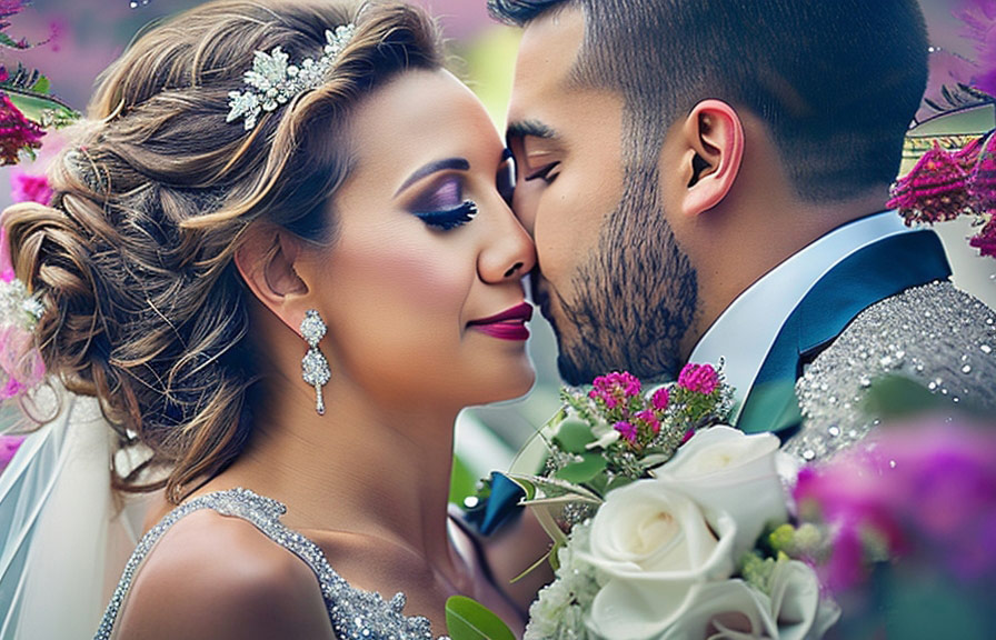 Wedding photo of bride and groom enhanced with retouching techniques