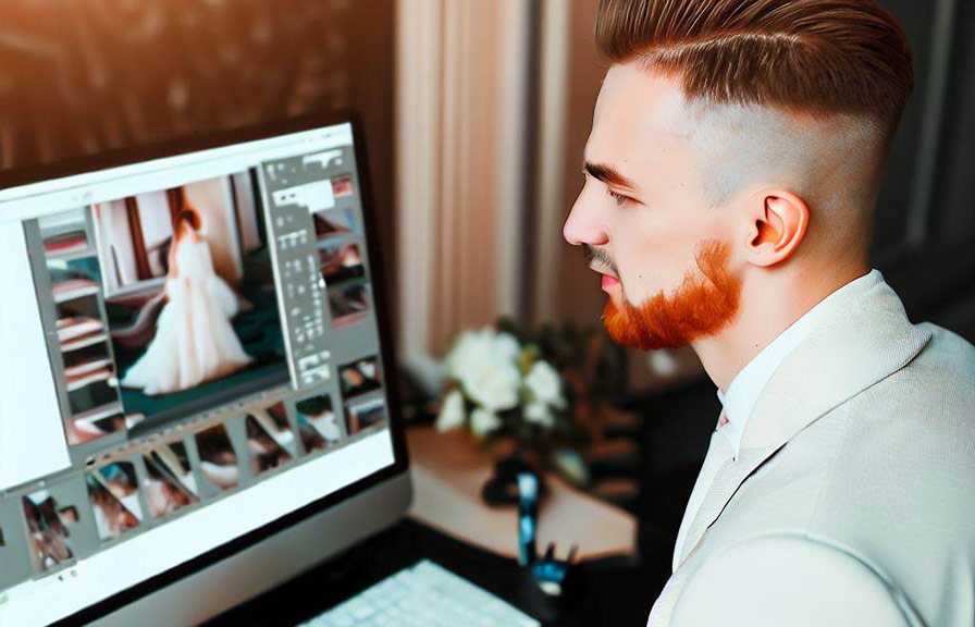 Wedding photographer editing photo on computer