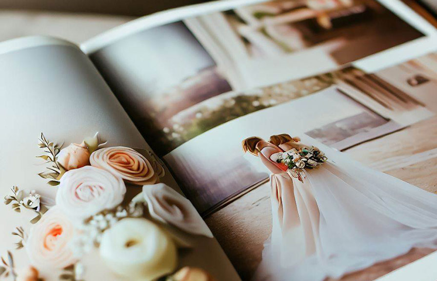 Wedding album opened to page with beautiful photo spread