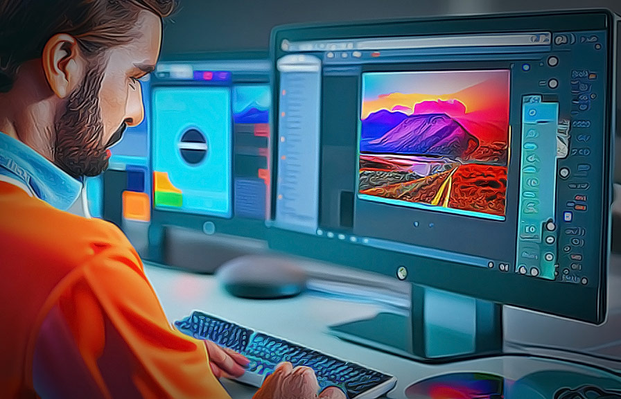 Photographer color correcting an image on a computer