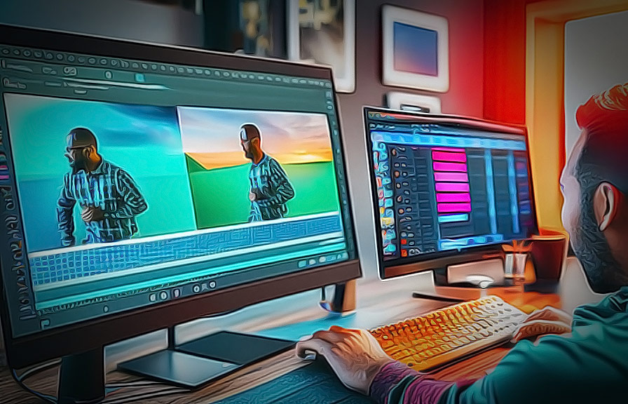 Person editing an image with color grading tools