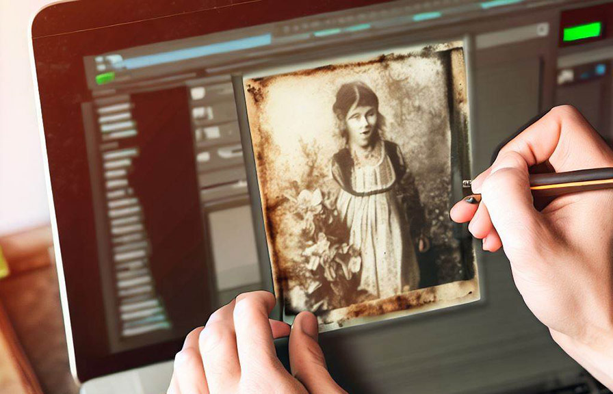 Person restoring and enhancing old damaged photo