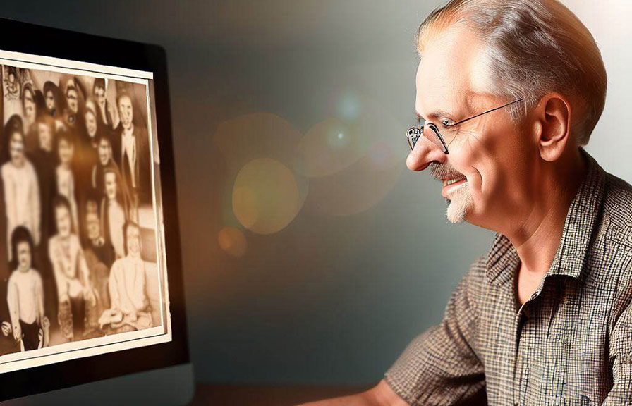 Person restoring quality of old family photo on computer