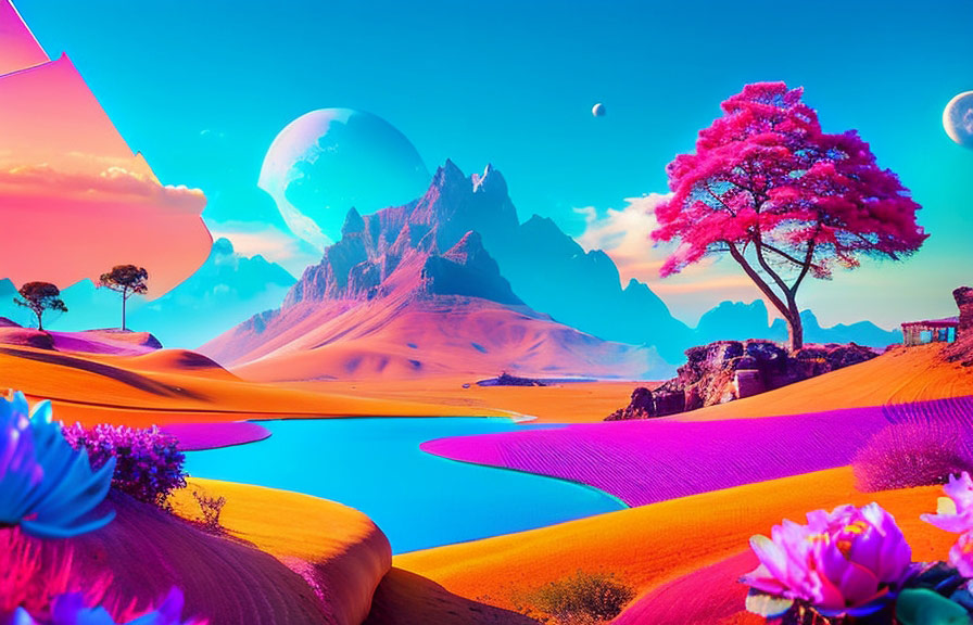 Surreal landscape with vibrant colors and dreamlike elements