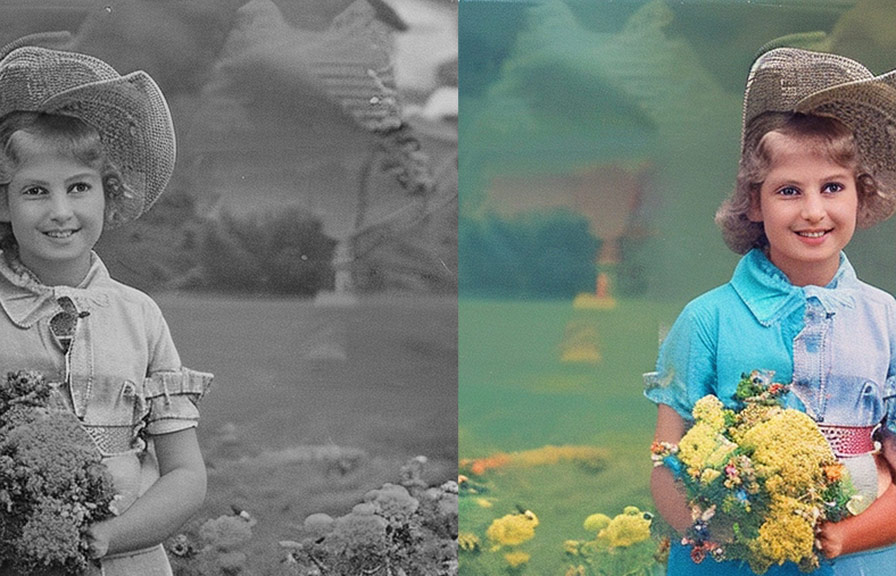 Person using computer to colorize old black and white family photograph
