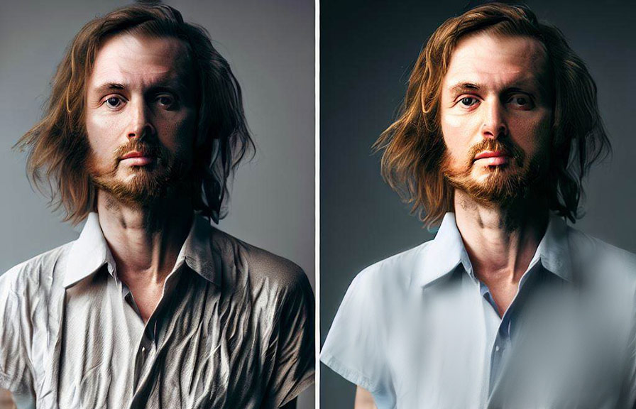 Before and after comparison of photo featuring wrinkled shirt with retouching applied