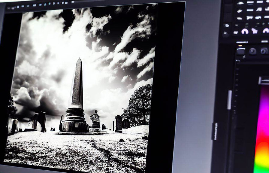 Black and white photo being colorized on computer screen