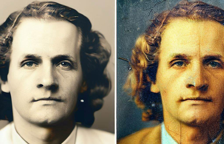 Old photo with cracks and cuts repaired using photo retouching techniques