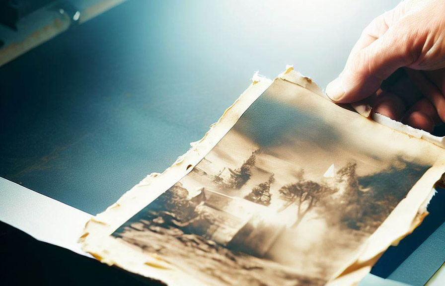 Old damaged photograph being scanned on flatbed scanner