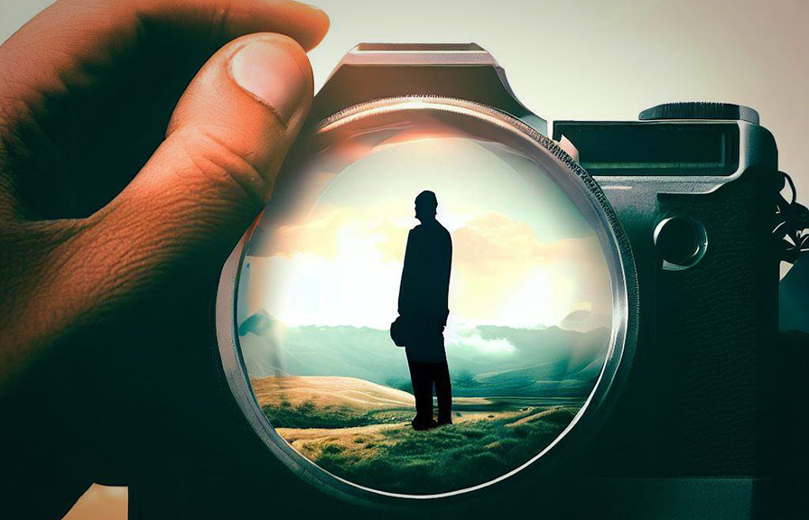 Person holding camera with landscape in background and added object in foreground