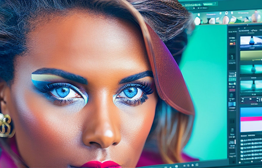 Person using photo editing software to enhance eye color in portrait photograph