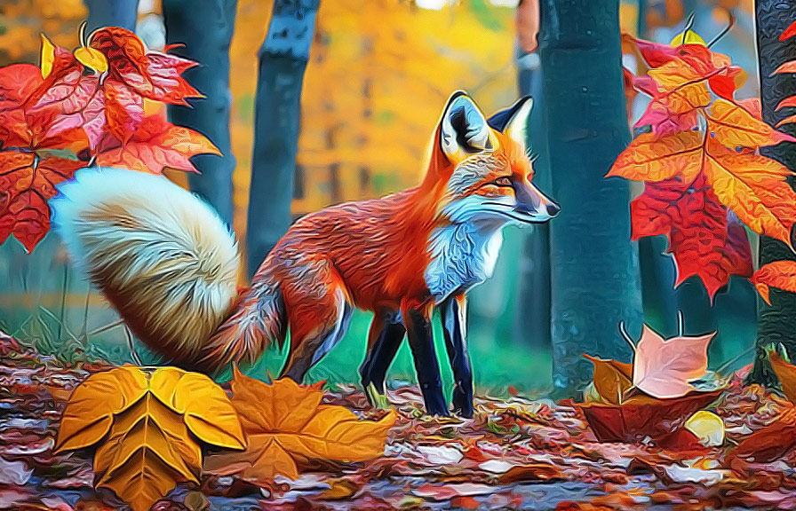 Surreal fox with autumn leaves tail