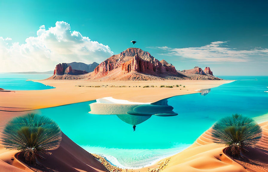Surreal landscape with desert and ocean