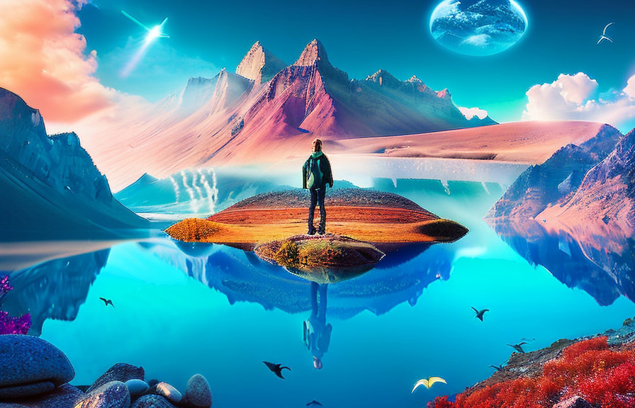 Digital artist using Photoshop to create surreal landscape