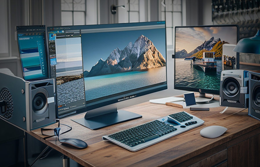 Photo editing workspace with tools and computer