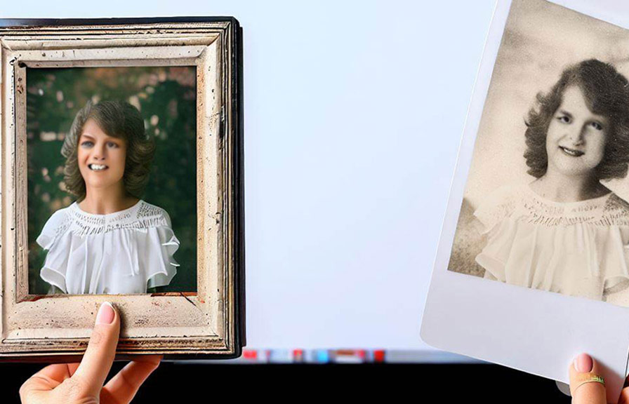 Person holding a damaged photograph next to a computer screen displaying the restored version