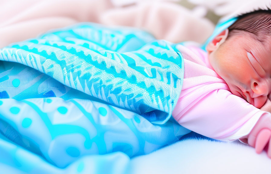 Close-up shot of a sleeping newborn baby swaddled in soft pastel-colored fabric