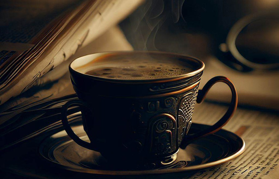 Still life photo of coffee with newspaper and glasses