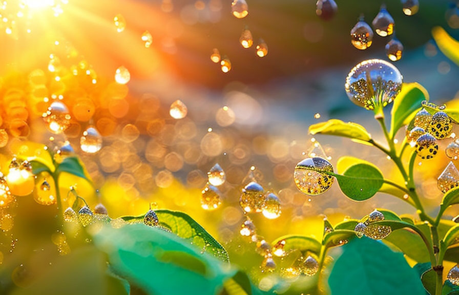 Nature shot with dewdrops sparkling on leaves or flowers