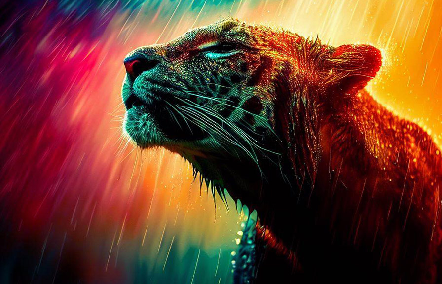 Wildlife photo taken in the rain with vibrant colors and dramatic lighting