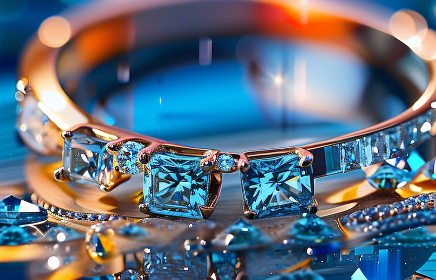 Close-up shot of a diamond ring with water droplets and reflections