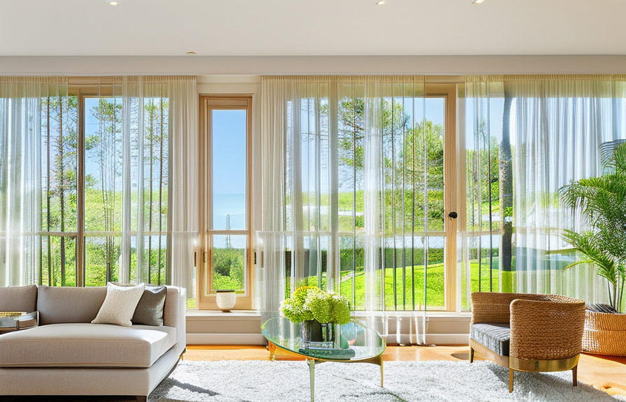 Real estate photo of living room with large windows and sheer curtains allowing natural light