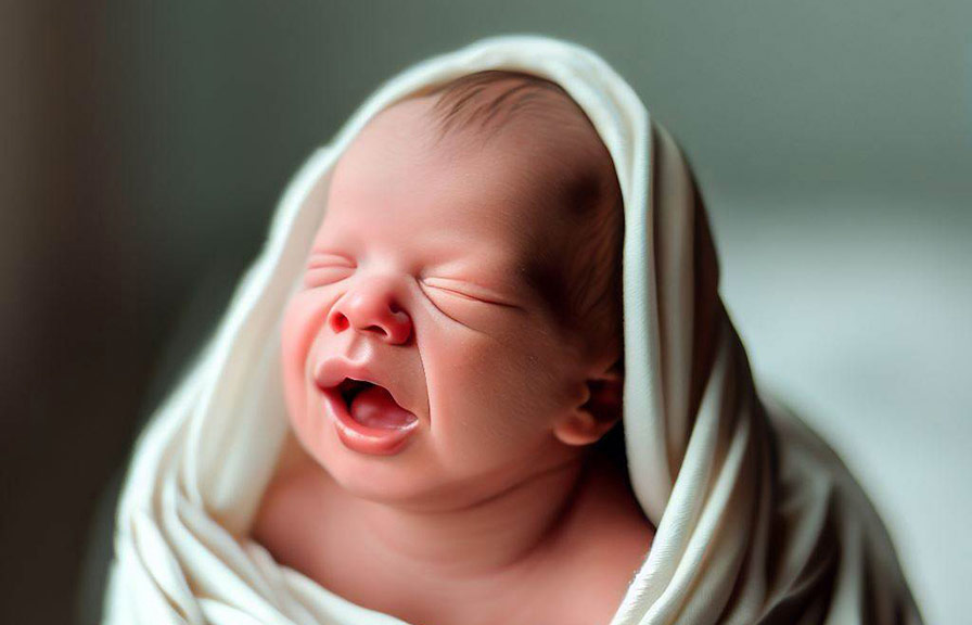 Newborn baby swaddled in a soft blanket and surrounded by toys during a photoshoot