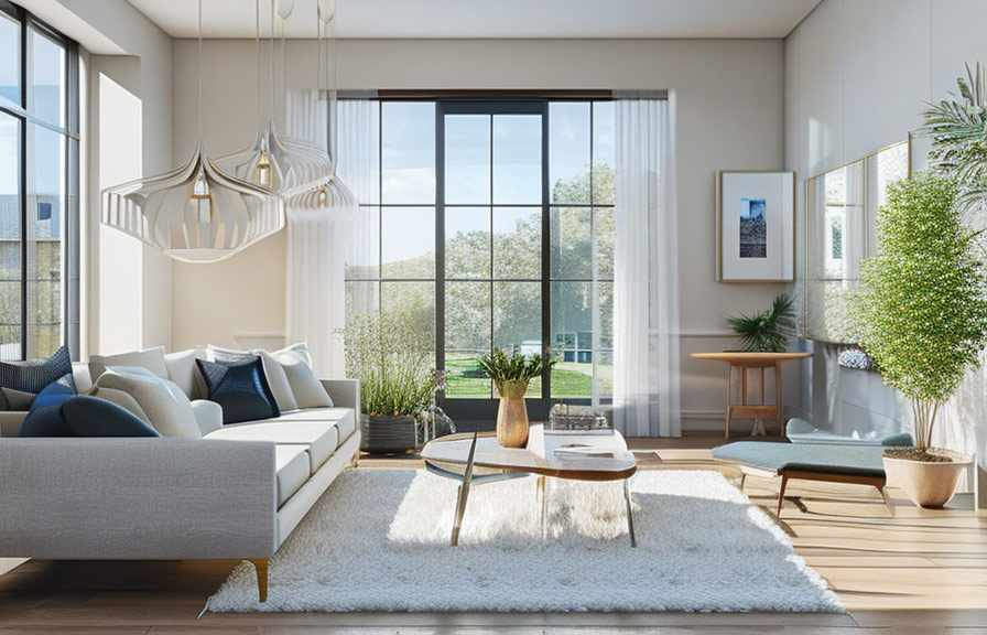 Spacious living room with natural light and modern furniture