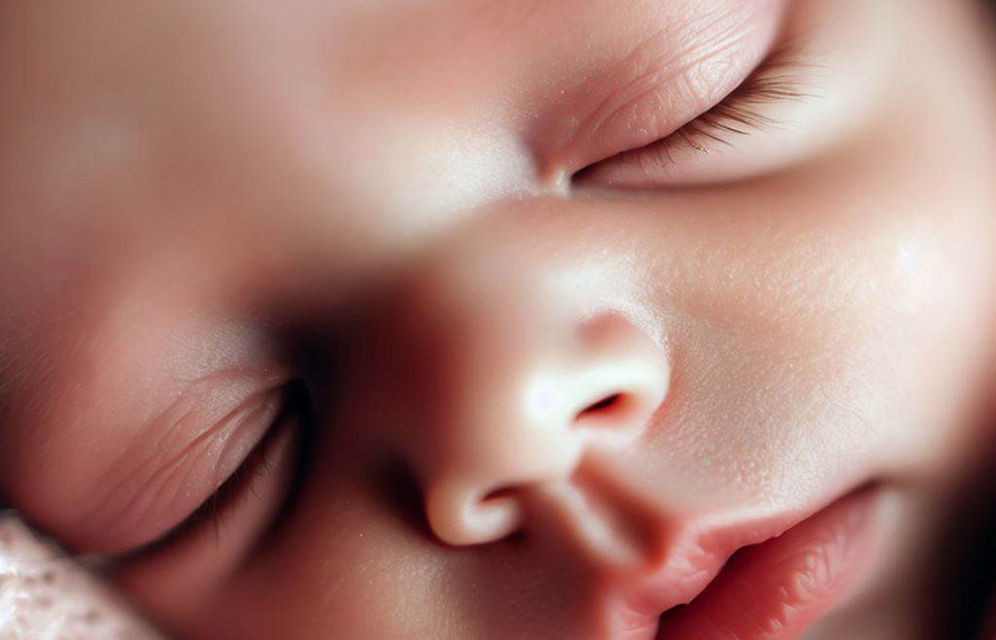 Close-up photograph of sleeping newborn baby wrapped in blanket