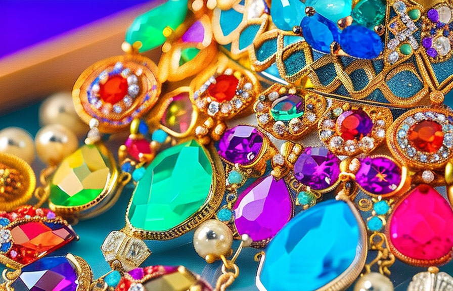 Close-up shot of jewelry with vibrant colors and intricate details