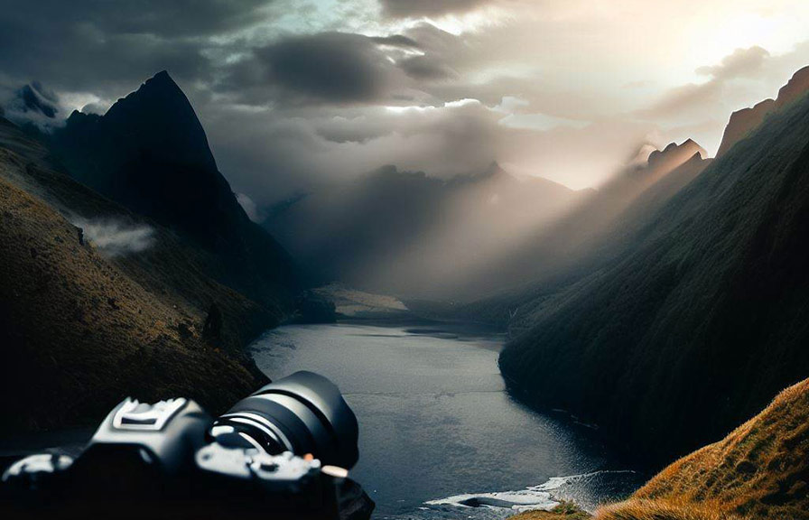 Travel photography landscape with camera