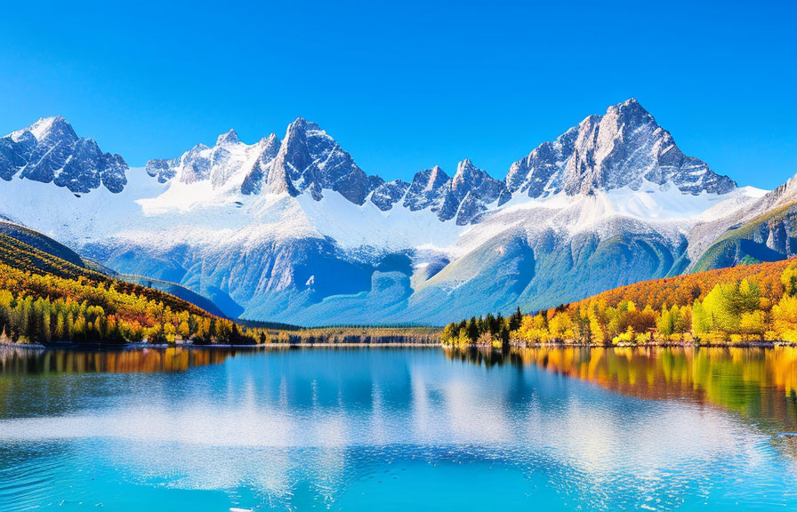 Landscape photo of mountain range with blue sky and lake reflection