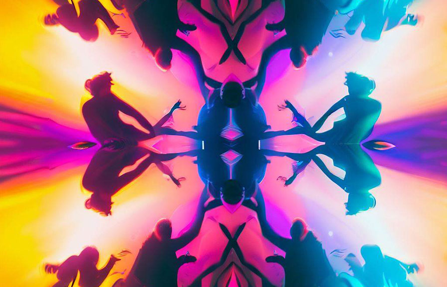 Event photograph of group of people laughing with vibrant colors and symmetry