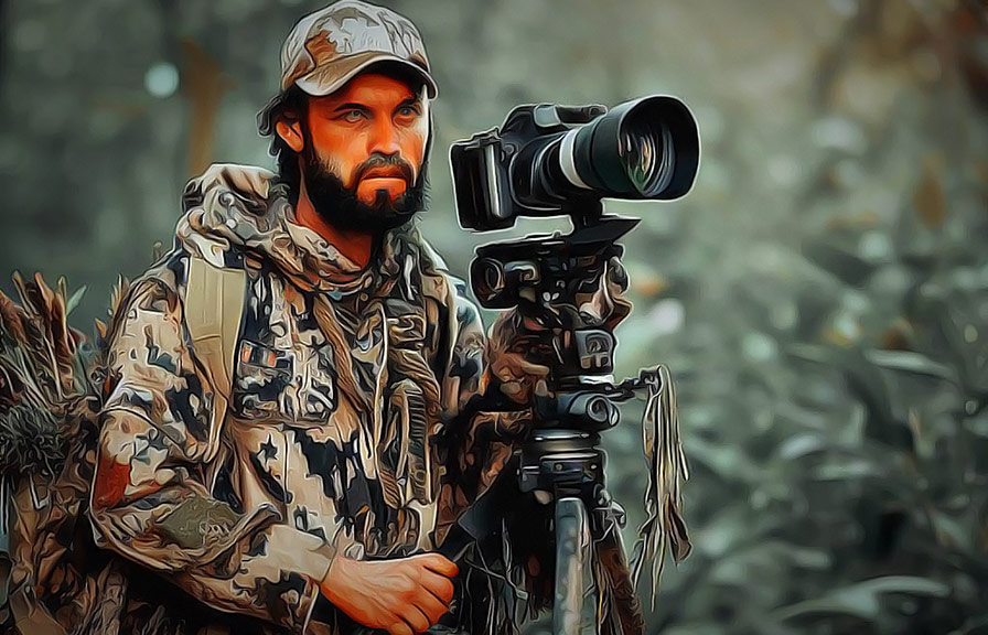 Wildlife photographer wearing camouflage clothing and gear