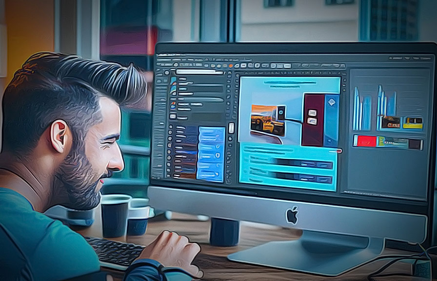 Graphic designer using slice tool in Photoshop for web design