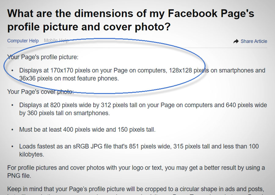 Facebook profile picture size for profiles and pages